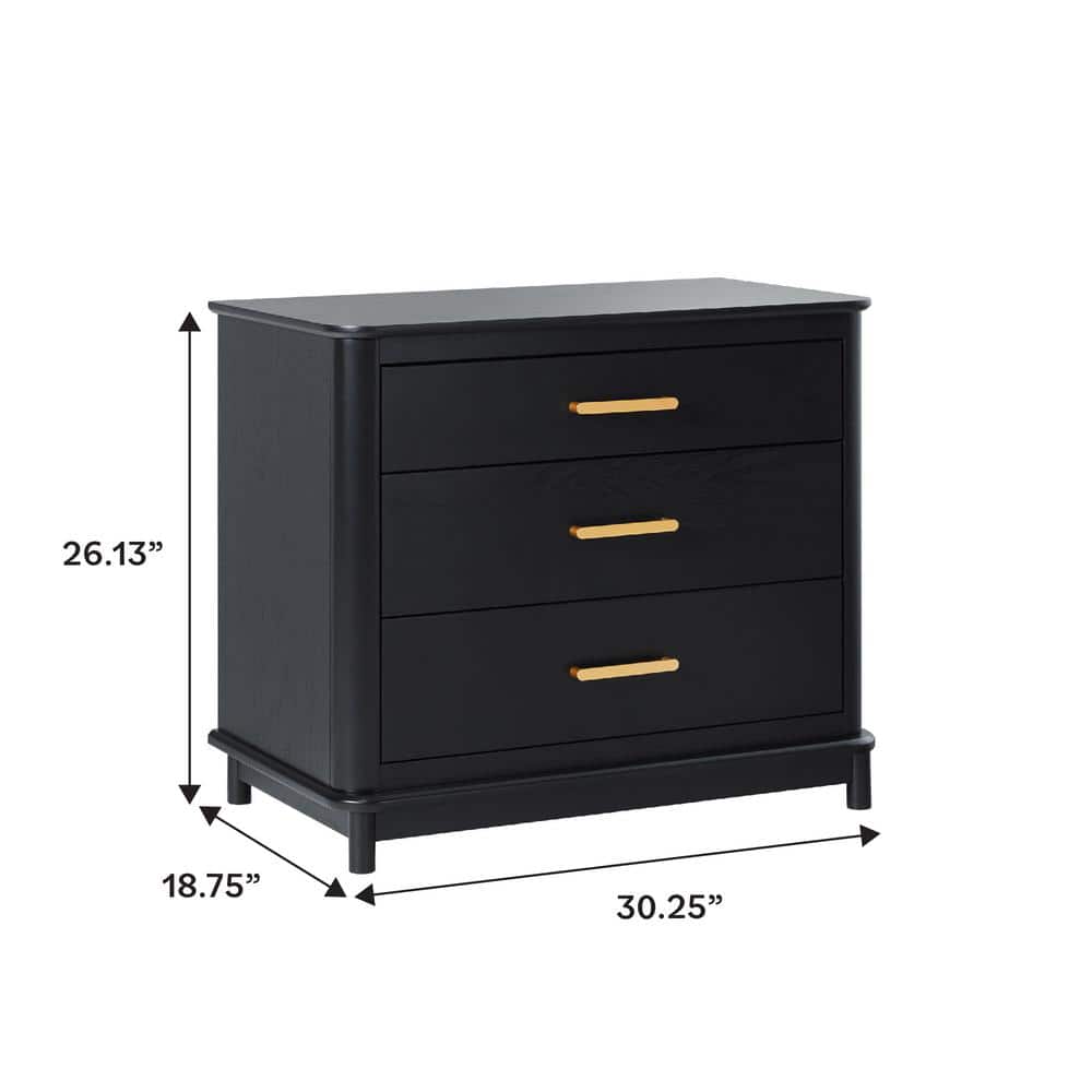 Black Solid Wood 3-Drawer Nightstand with Gold Handles