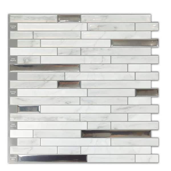 Vsmile 12 in. x 12 in. White with Metallic Silver Peel and Stick Wall Tile, Vinyl Backsplash for Kitchen (10-Pack)