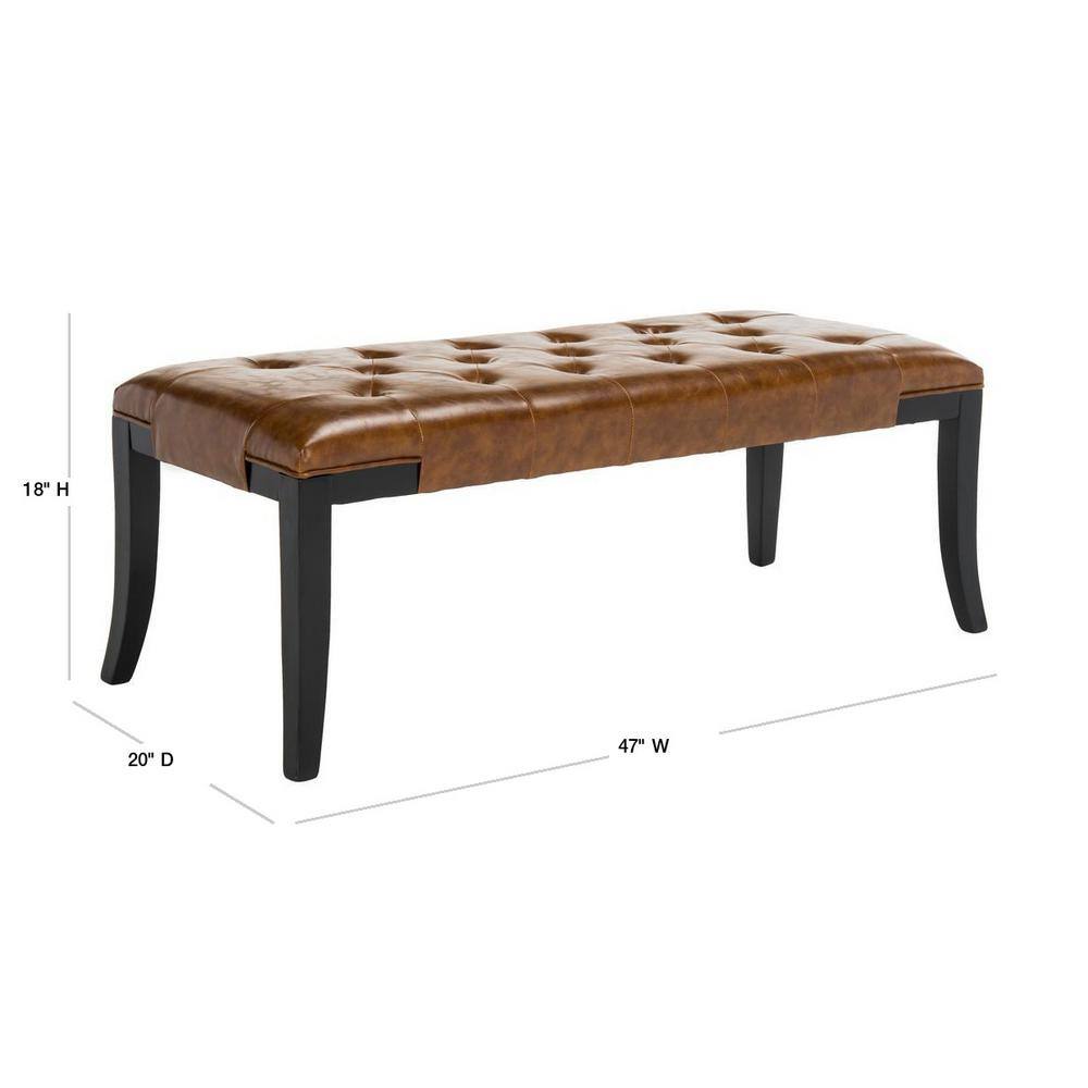 Saddle Leather and Black Beech Wood Tufted Bench