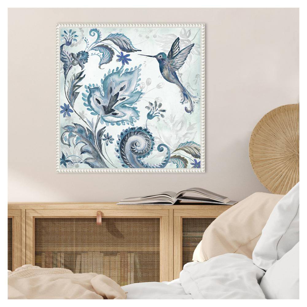 Watercolor Boho Blue Hummingbird Canvas Wall Art in White Frame