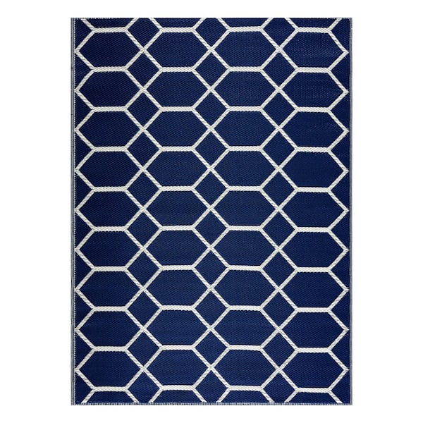 Miami Navy Creme 8 ft. x 10 ft. Reversible Recycled Plastic Indoor/Outdoor Area Rug