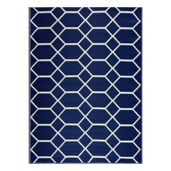 Miami Navy Creme 4 ft. x 6 ft. Reversible Recycled Plastic Indoor/Outdoor Area Rug-Floor Mat