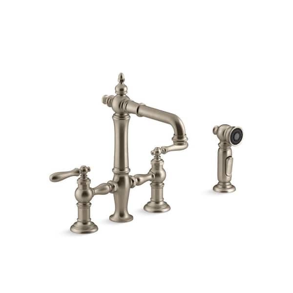 KOHLER Artifacts Double-Handle Surface Mount Bridge Kitchen Faucet in Vibrant Brushed Bronze