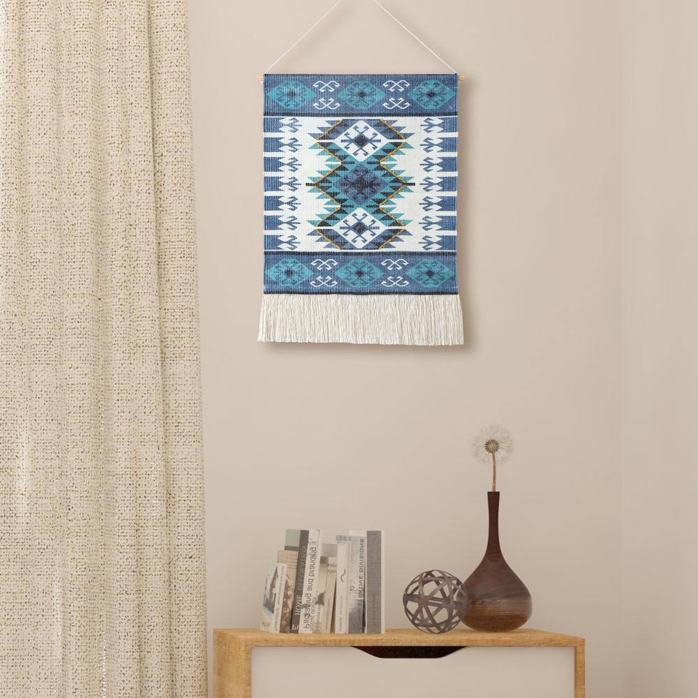 Blue and White Cotton Aztec Fringe Wall Hanging, 25.5"