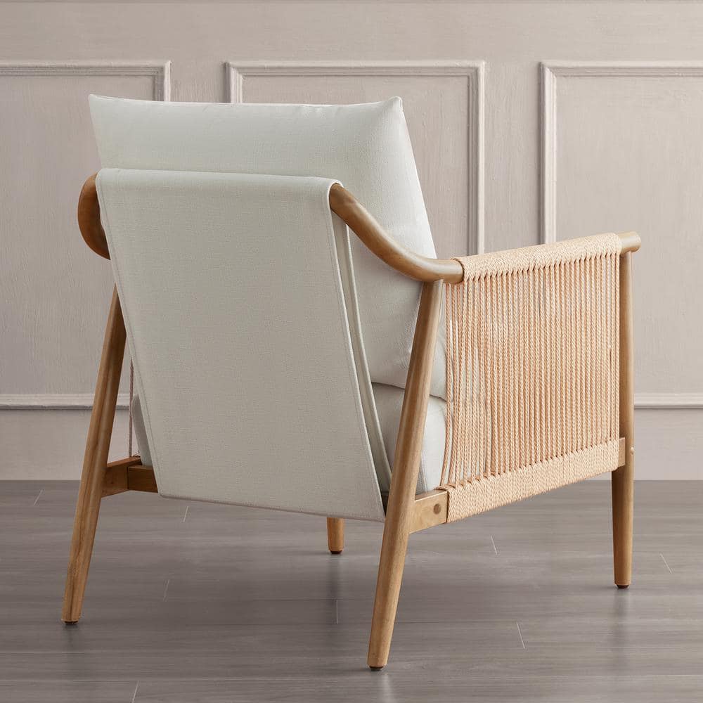 Cream Fabric and Wood Square Arm Accent Chair