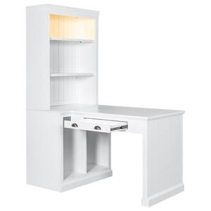 62 in. White 1-drawer Computer Desk, Writing Desk with Storage Bookcase, Adjustable Shelf, LED Light