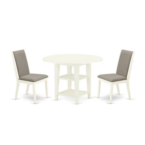 East West Furniture 3-Piece Linen White Finish Round Solid Wood Top Dining Table Set