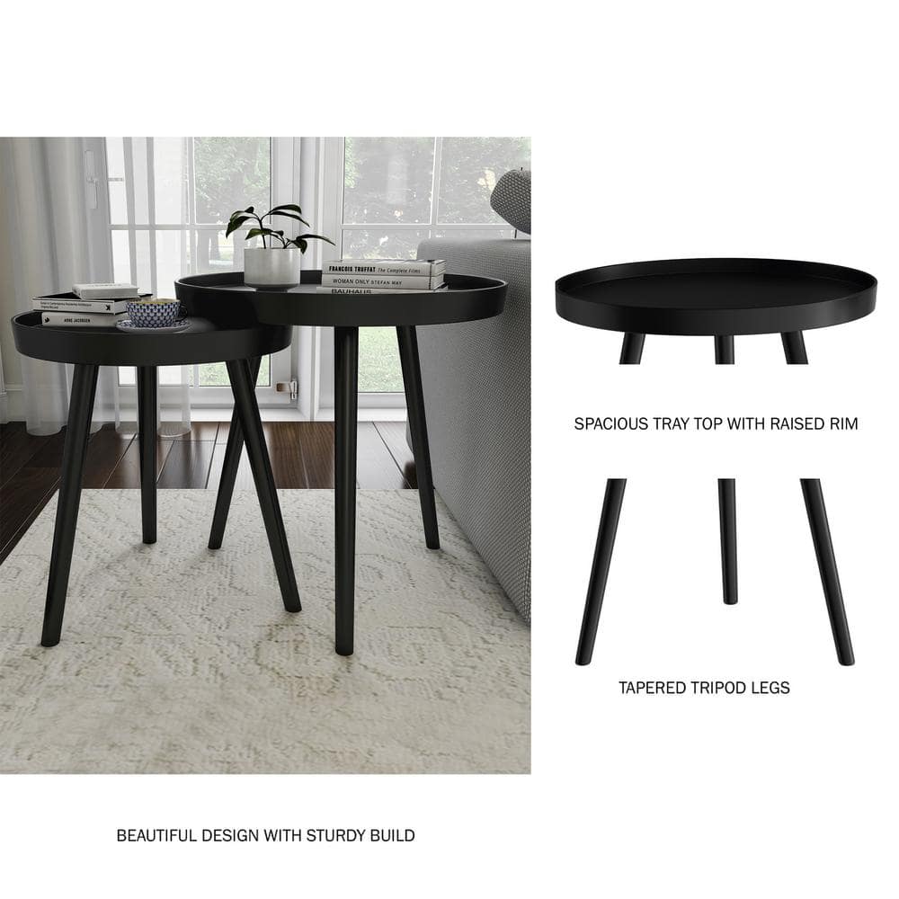 Black Round Nesting End Tables with Raised Lip, Set of 2