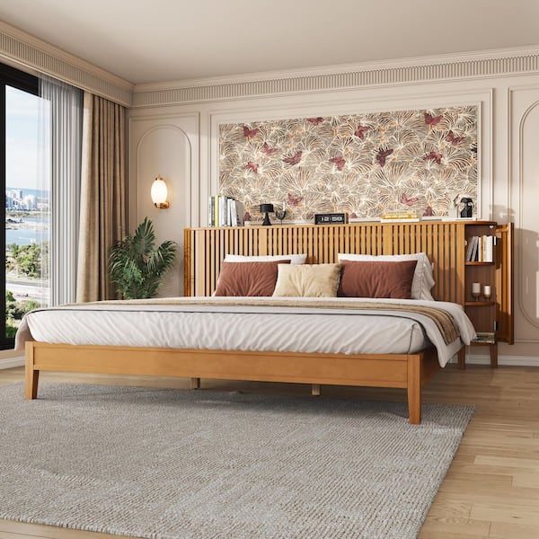 Brooke Brown Wood Frame King Size Platform Bed with Slat finish Headboard, Side Storages, Natural