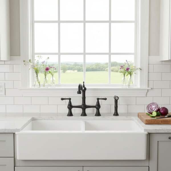 Antique Design Double Handle Bridge Kitchen Faucet with Side Sprayer in Matte Black