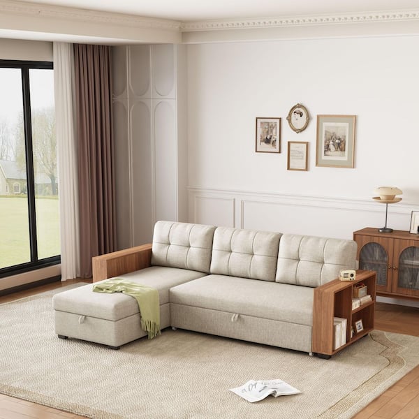 Ross 84 in Linen Upholstery L-Shaped Sectional Sofa in Beige with Storage Chaise, Pull Out Sofa Bed