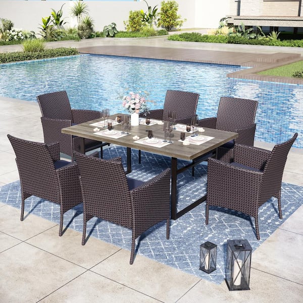 PHI VILLA Black 7-Piece Metal Patio Outdoor Dining Set with U Shaped Rectangle Table and Rattan Chairs with Blue Cushion