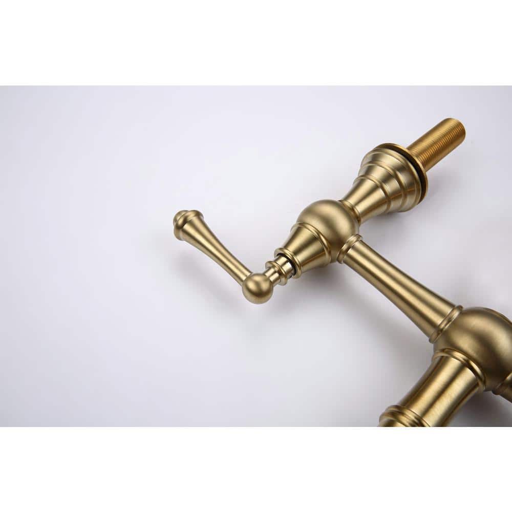 Brushed Gold Double Handle High-Arc Wall Mount Kitchen Faucet