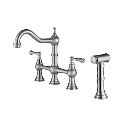 Double Handle Bridge Kitchen Faucet with Pull-Out Side Sprayer in Brushed Nickel