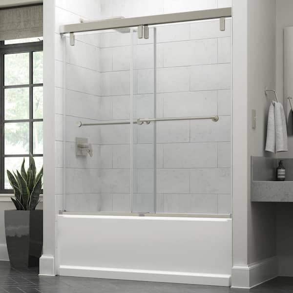 Delta Lyndall 59-8/9 x 59-1/4 in. Frameless Mod Soft Close Sliding Tub Door in Nickel, 3/8 in. (10mm) Tempered Clear Glass