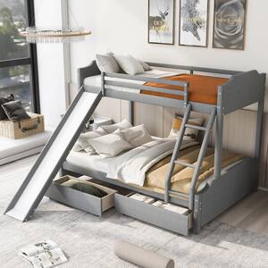 Gray Twin over Full Upholstery Bunk Bed with Ladder, Slide and 2 Drawers