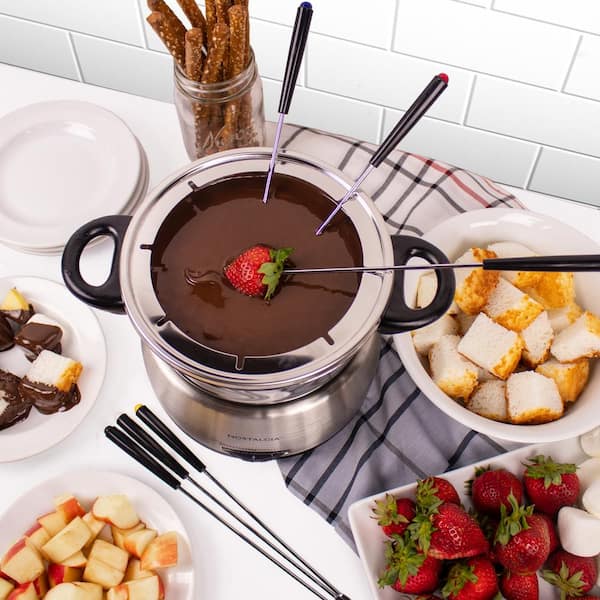 Red Fondue Pot Set with 6 Long Forks and Burner for Cheese and Chocolate  (10 Piece Set)