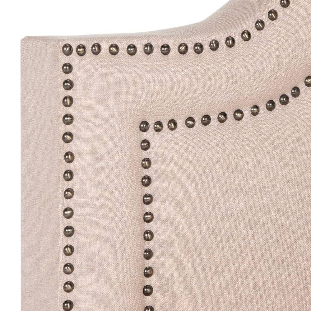 Full Beige Linen Upholstered Platform Bed with Nailhead Trim