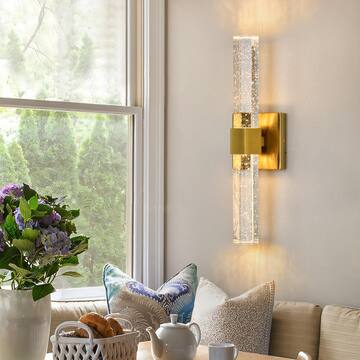KAISITE 15.7 in. 1-Light Brushed Gold Dimmable Sconce Wall Lighting with Crystal Bubble Glass Shade 8010WL-10GD-US