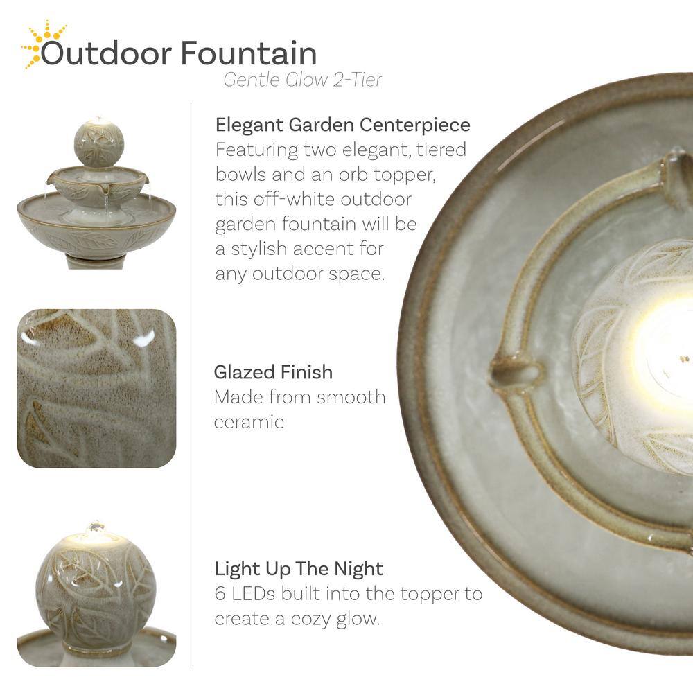 Off-White Ceramic 2-Tier Outdoor Fountain with LED Lights