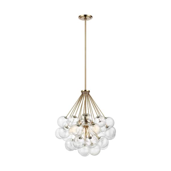TIELLA Montex 3-Light Mid-Century Modern Satin Brass Dimmable Ceiling Pendant Light with Seeded Glass Globes
