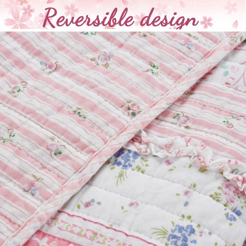 King Size Pink and White Cotton Reversible Quilt Set