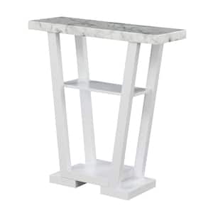 Newport 31.5 in. White/White Faux Marble Rectangle V-Console Table with Shelves
