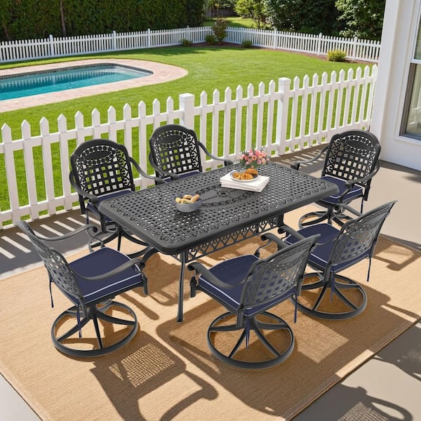 Vintage 7-Piece Cast Aluminum Patio Outdoor Dining Set with Rectangular Dining Table,6 Swivel Chairs and 6 Blue Cushions