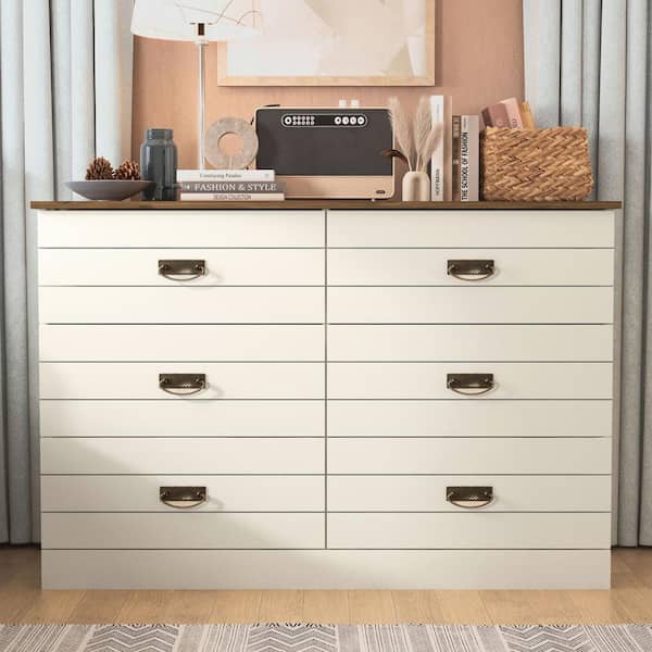 GALANO Ginny Ivory with Oak 47.2 in. 6-Drawer Teen Dresser with Ultra-Fast Assembly