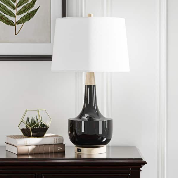 Sacramento 26 in. Black Ceramic Table Lamp Metal Base with White Linen Lampshade/USB Port