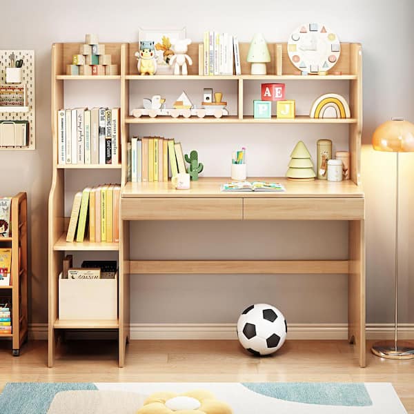 Beige Kids Study Desk with Hutch, Wooden Children's Computer Writing Desk, Kids Desk with Bookshelf and Drawers