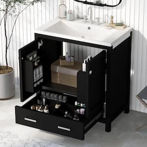 30 in. W x 18 in. D x 34 in. H Freestanding Bath Vanity in Black with White Ceramic Top Single Basin Sink