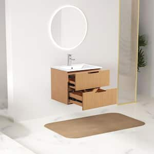 24 in. W Single Sink Floating Bath Vanity in Light Brown with White Ceramic Top and 2-Drawers