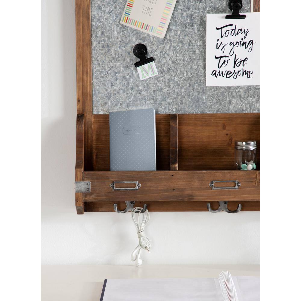 Rustic Brown Wood and Metal Magnetic Wall Organizer with Hooks