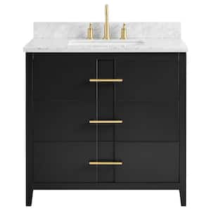 Emblem 36 in. W x 21 in. D x 34 in. H Single Sink Bath Vanity in Black with Carrara Marble Top and Ceramic Basin