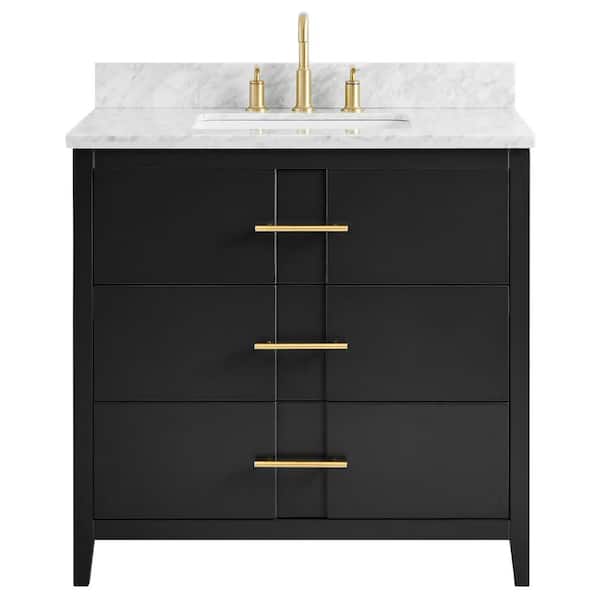 CHAMELEON CONCEPTS Emblem 36 in. W x 21 in. D x 34 in. H Single Sink Bath Vanity in Black with Carrara Marble Top and Ceramic Basin