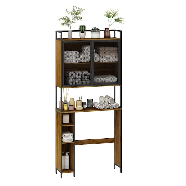 31.5 in. W x 70.9 in. H x 9.8 in. D Brown Over The Toilet Storage with Metal Mesh Doors and Adjustable Shelves