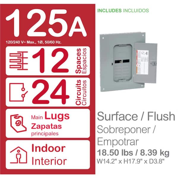 Homeline 125Amp 12-Space 24-Circuit Indoor Main Lug plug on neutral Electrical Panel w/Cover,Ground Bar HOM1224L125PGCVP