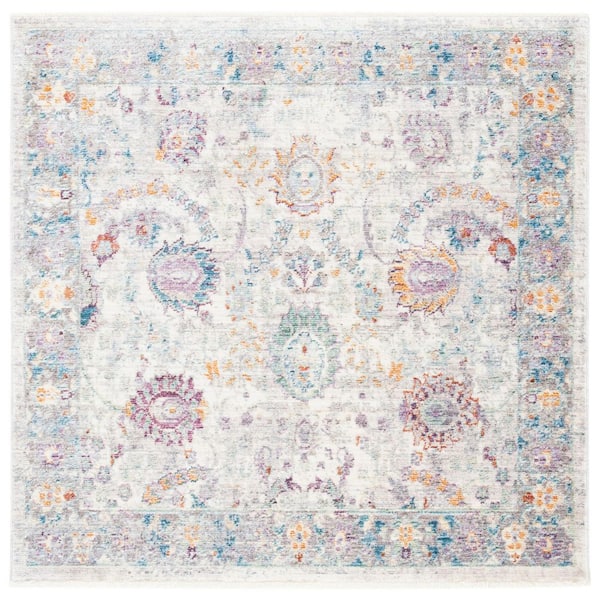 Illusion 4 ft. x 4 ft. Cream/Purple Floral Border Square Area Rug