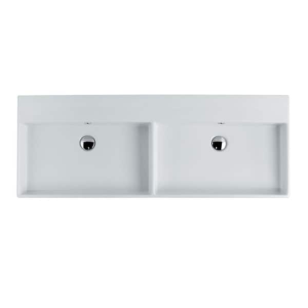WS Bath Collections Unlimited 120 Wall Mount / Vessel Double Bathroom Sink in Ceramic White without Faucet Hole