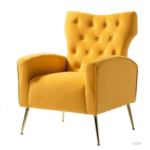 Brion Modern Mustard Velvet Button Tufted Comfy Wingback Armchair with Metal Legs