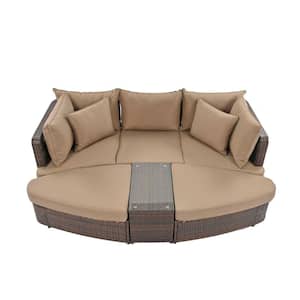 6-Piece Wicker Patio Outdoor Conversation Round Sofa Set with Brown Cushions and Coffee Table for Poolside