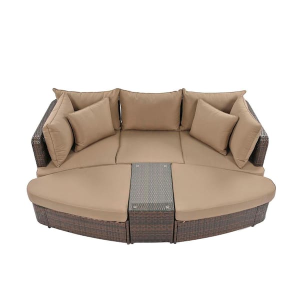 Zeus & Ruta 6-Piece Wicker Patio Outdoor Conversation Round Sofa Set with Brown Cushions and Coffee Table for Poolside