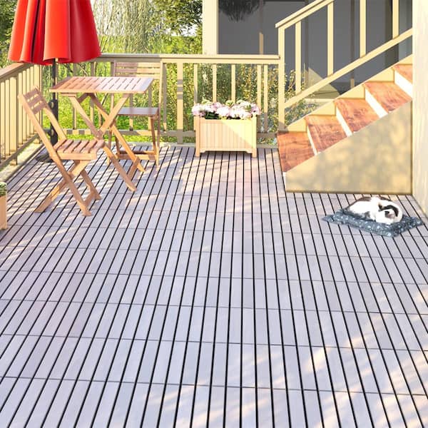 YOFE 1 ft. x 1 ft. Acacia Wood Interlocking Deck Tiles in Gray, Indoor Outdoor Striped Pattern Floor Tiles (20 per Case)