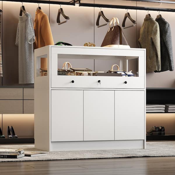 FUFU&GAGA White 39.4 in. W 1-Drawer Bedroom Dresser Jewelry Armoire Makeup Island with Glass Top, Lockable Drawer, Cabinet