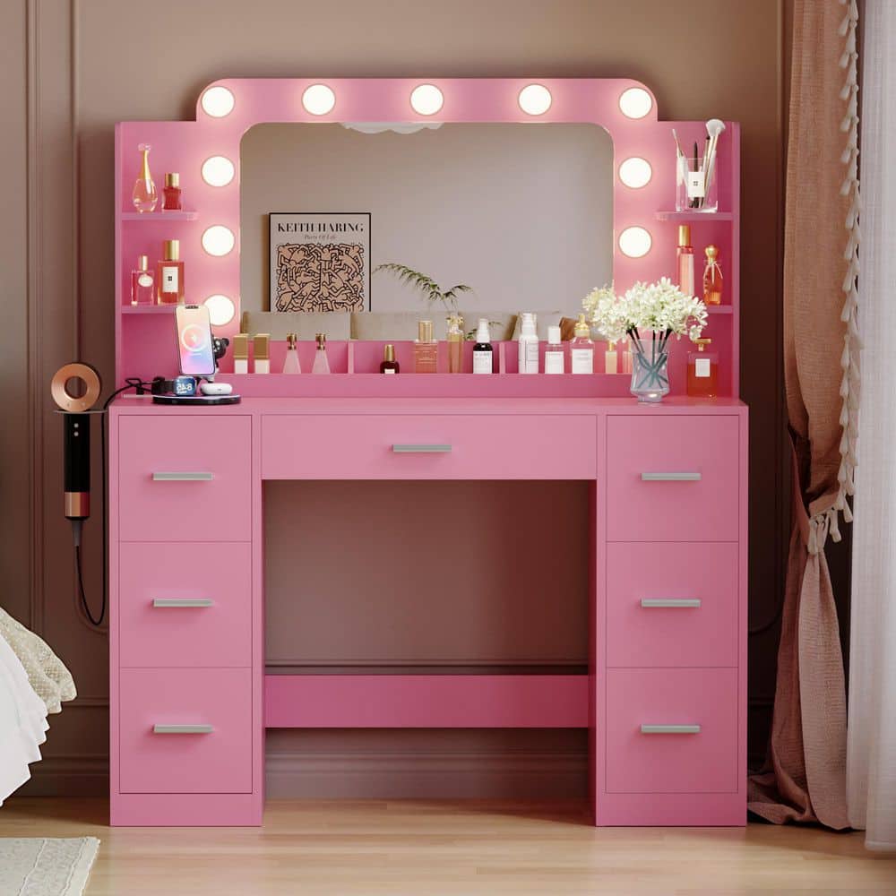 LACOO Vanity Desk with Large Lighted Mirror, Power Outlet and 11 Lights, Makeup Vanity Table with 7 Drawers Pink V-VN-0841-PK - The Home Depot LACOO Vanity Desk with Large Lighted Mirror, Power Outlet and 11 Lights, Makeup Vanity Table with 7 Drawers Pink V-VN-0841-PK - The Home Depot