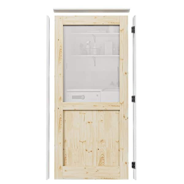 36 in. x 80 in. 1/2-Lite Frosted Glass Left Handed Unfinished Pine Single Door Kit with Quick Assemble Jamb