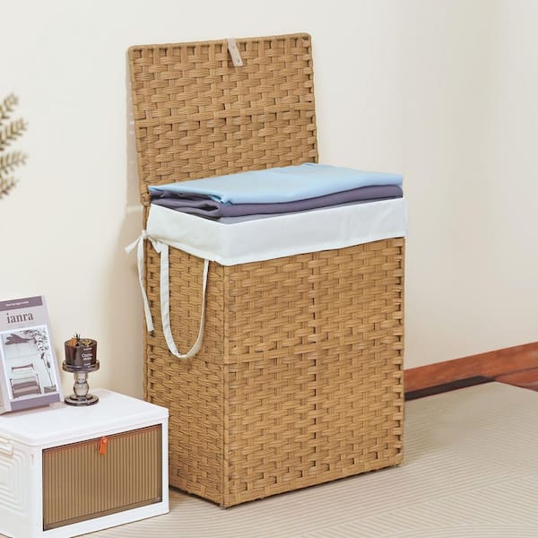 Unbranded Yellow 18 in. x 23 in. Hand-Woven Polyethylene Rattan Decorative Basket, 90 L Large Storage Basket Laundry Basket