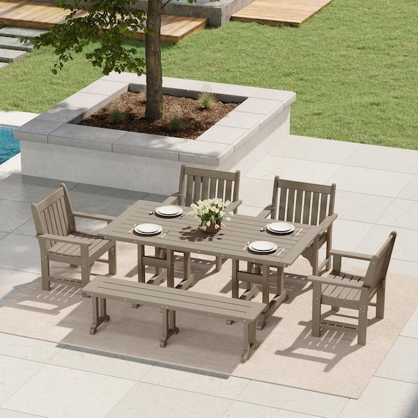 Laguna 6-Piece Poly Plastic Outdoor Patio Rectangle Trestle Table Dining Set w/ Bench & Garden Armchairs Weathered Wood