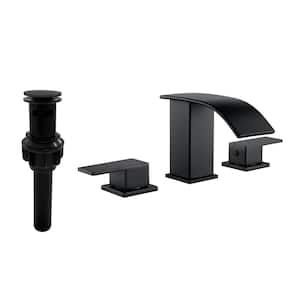 8 in. Widespread Double Handle Waterfall Bathroom Faucet with Pop-Up Drain 3-Hole Brass Bathroom sink Tap in Matte Black